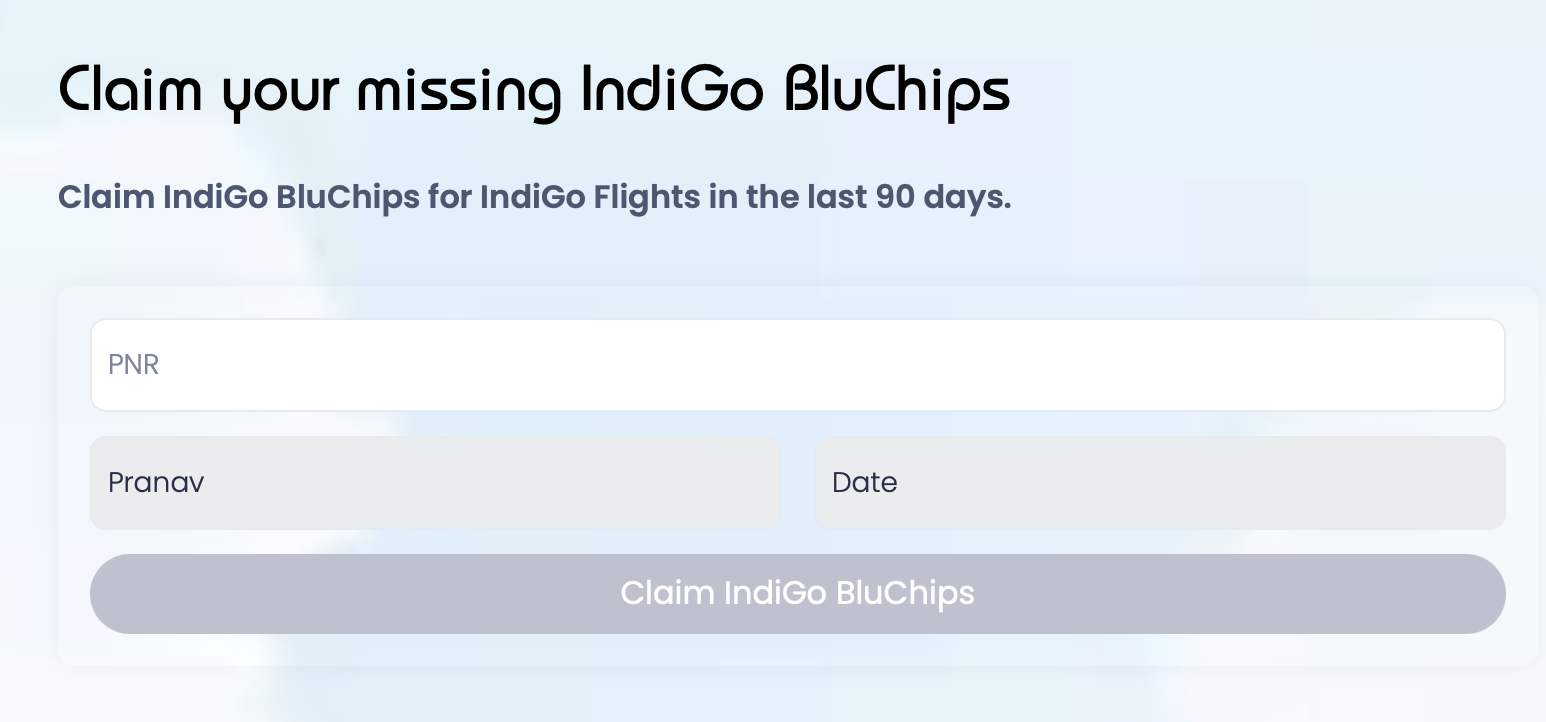 IndiGo BluChip retro claim form showing PNR entry field with name auto-filled