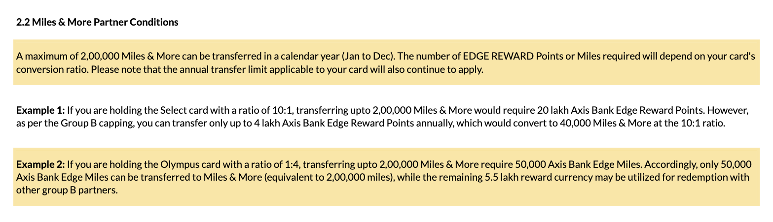 Axis Bank Travel EDGE terms, clause 2.2 Miles & More Partner Conditions, capping transfers at 2,00,000 Miles & More miles a year, with the Olympus example of 50,000 EDGE Miles