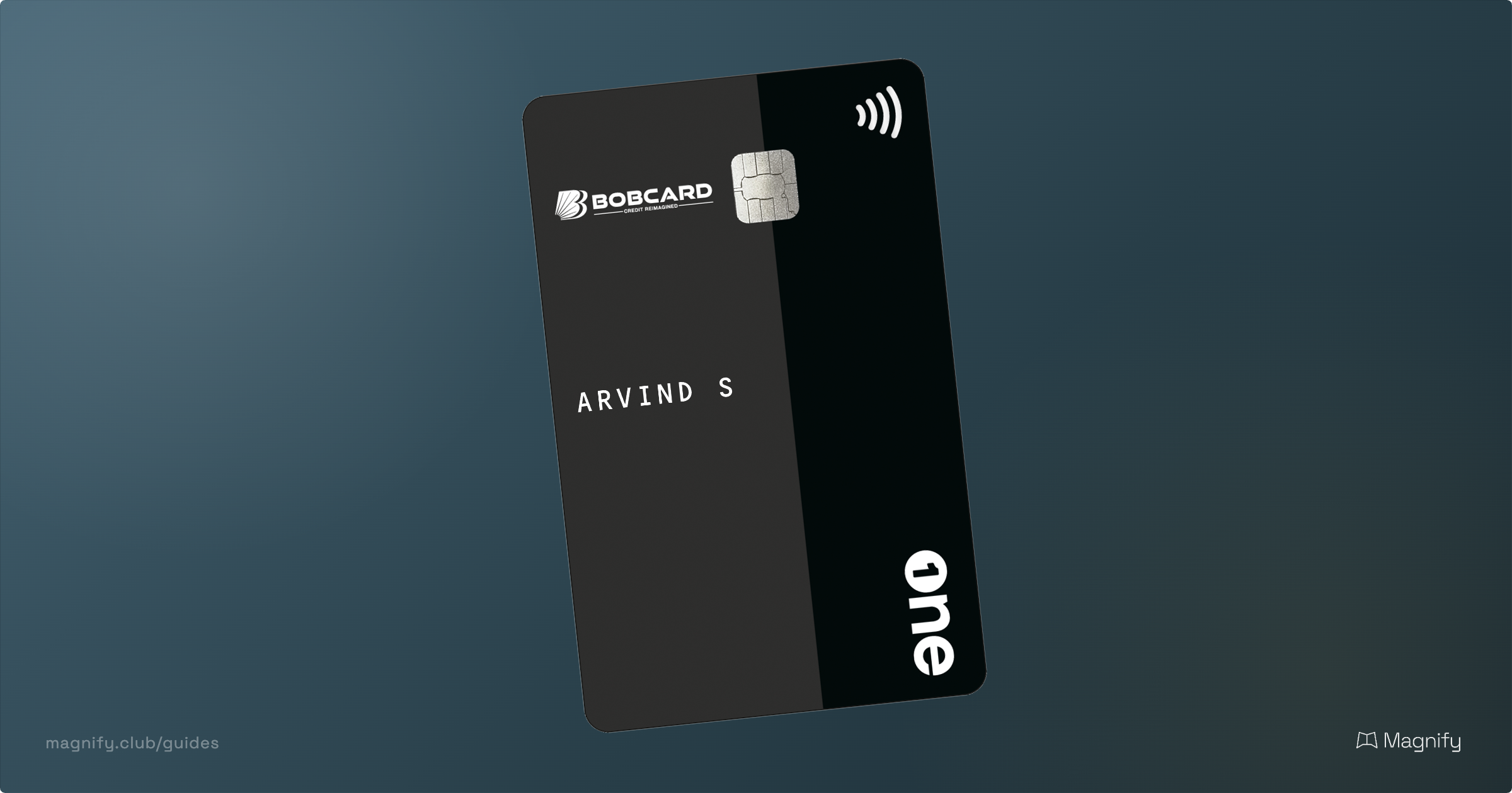 OneCard Credit Card Review hero image showing the black OneCard metal card on a muted steel-blue gradient