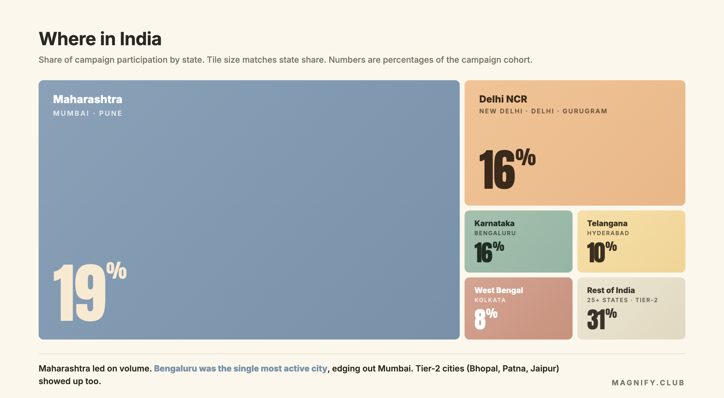 Treemap of campaign participation by state. Maharashtra leads at 19%, then Delhi NCR at 16%, Karnataka at 16%, Telangana at 10%, West Bengal at 8%. Rest of India is 31%.